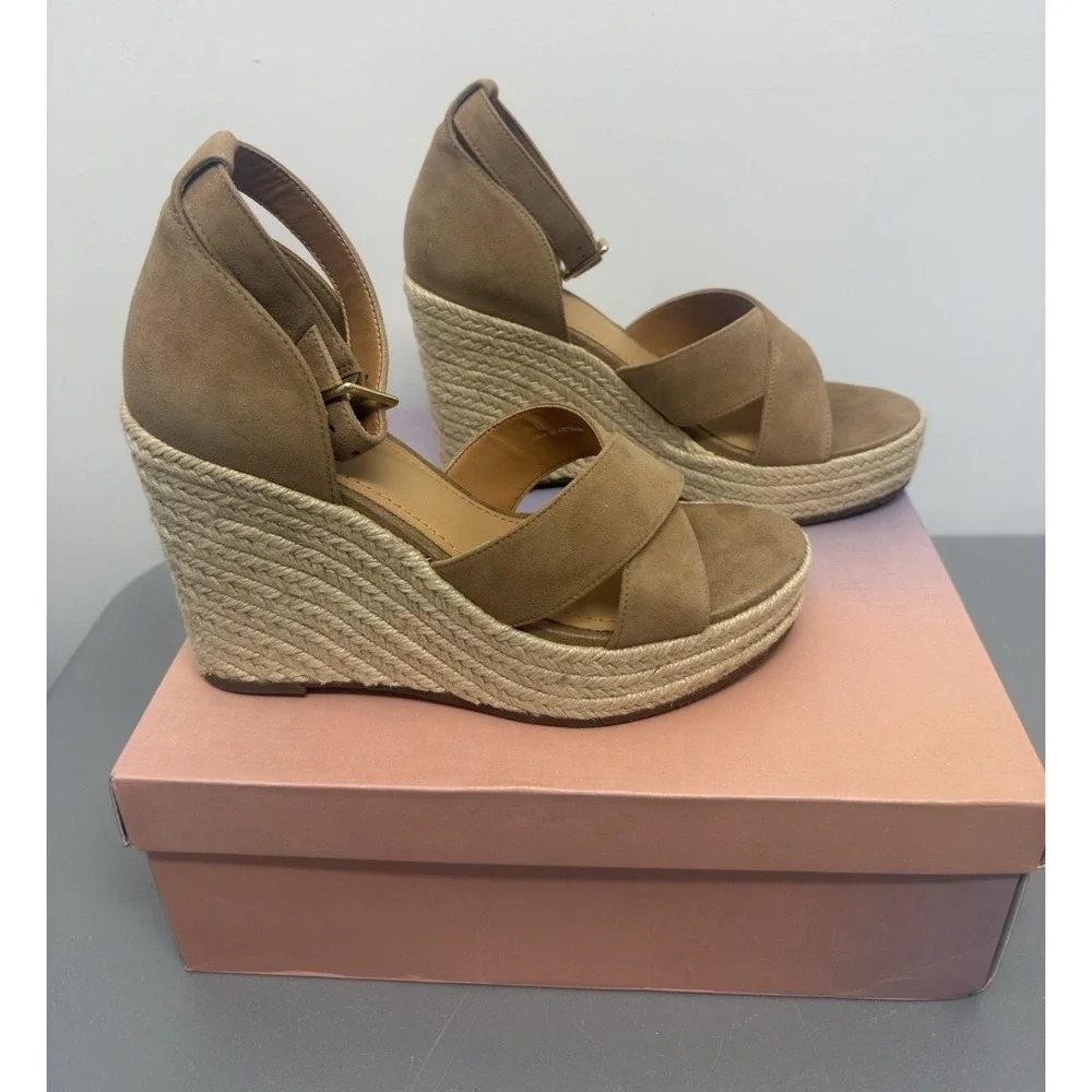 New Lisa Vicky Wedge Sandals Cognac Kid Suede 8.5 M Cross-Strap Espadrille Heel